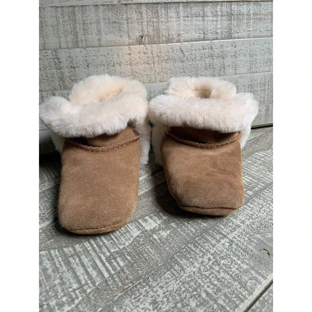 UGG Lassen Baby Bootie Brown Suede Fur Trim Slip On Lined Comfort 12-18 Months